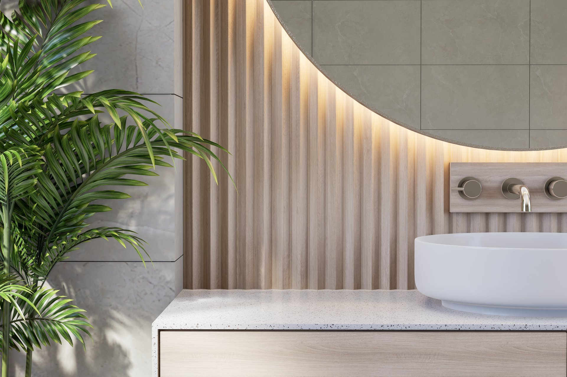 Empty white terrazzo sink counter in modern luxury style bathroom 3d render