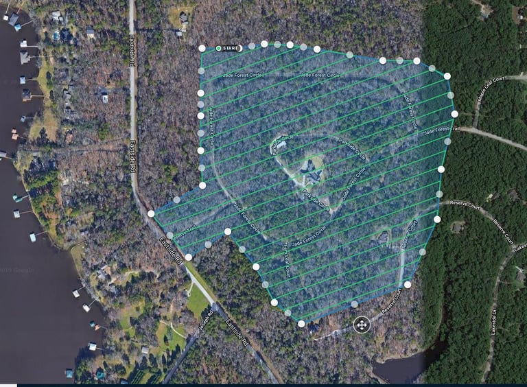Aerial view of a surveyed forest area with GPS points marked by white dots and measurement lines, surrounded by dense woodland and water.