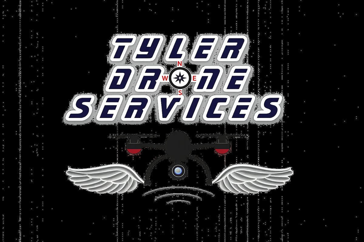 Roller Drone Services logo with white text, winged drone illustration, and digital matrix background