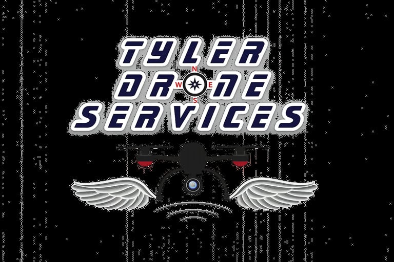 Roller Drone Services logo with white text, winged drone illustration, and digital matrix background