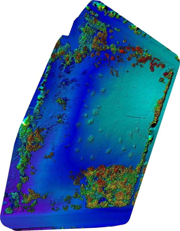 3D topographic map showing bathymetry with colored elevation gradient from deep blue to turquoise and vegetation in green and yellow